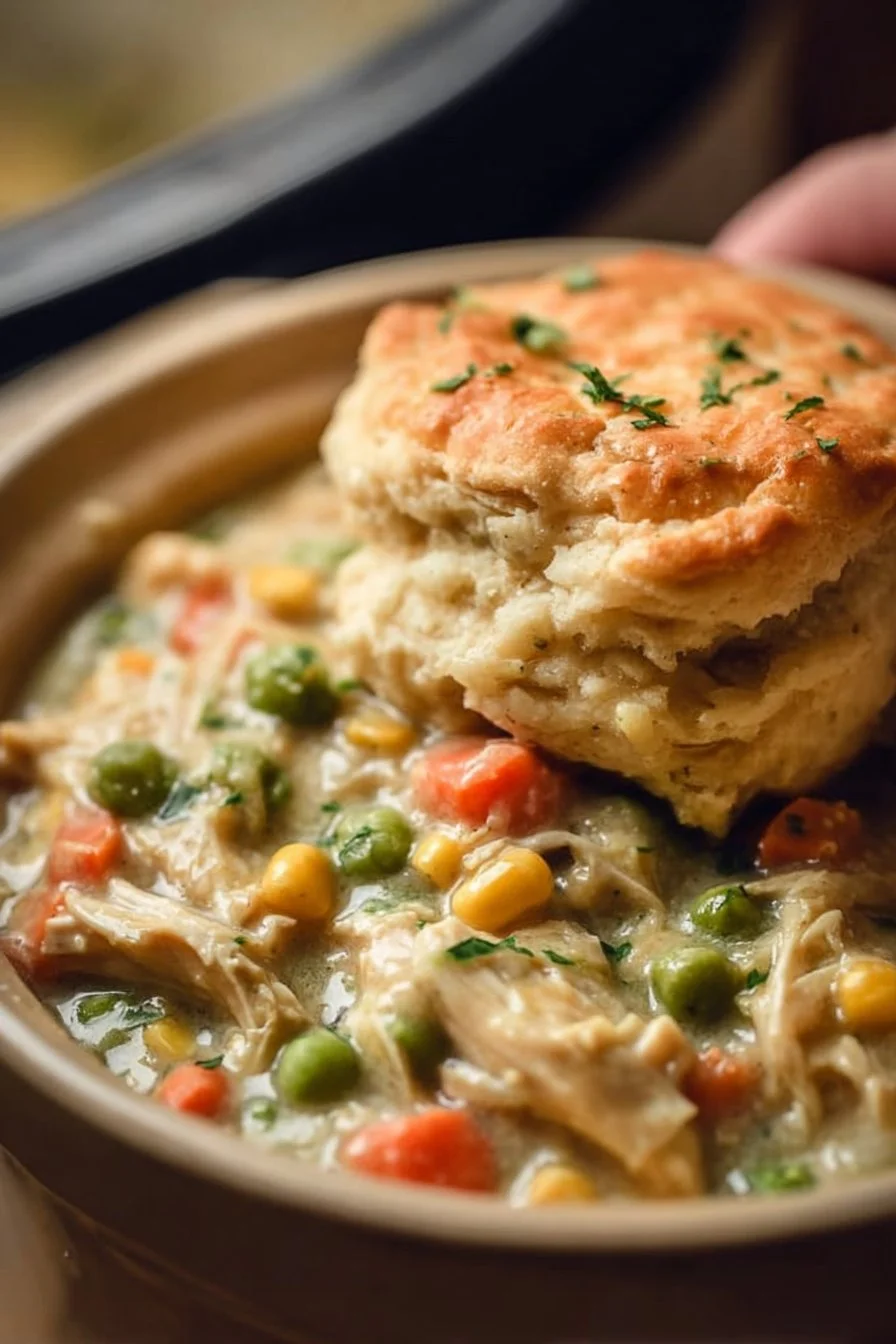 Delicious crock pot chicken pot pie served in a rustic bowl with fresh herbs