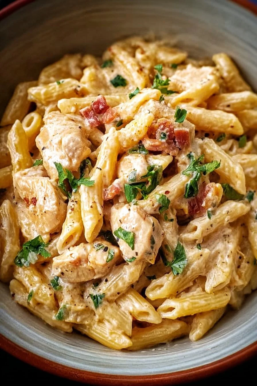 Crock Pot Creamy Cajun Chicken Pasta served in a bowl with herbs.