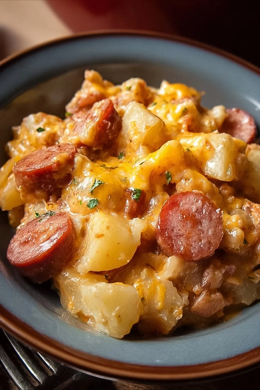 Delicious Crockpot Cheesy Potatoes and Sausage dish served in a bowl