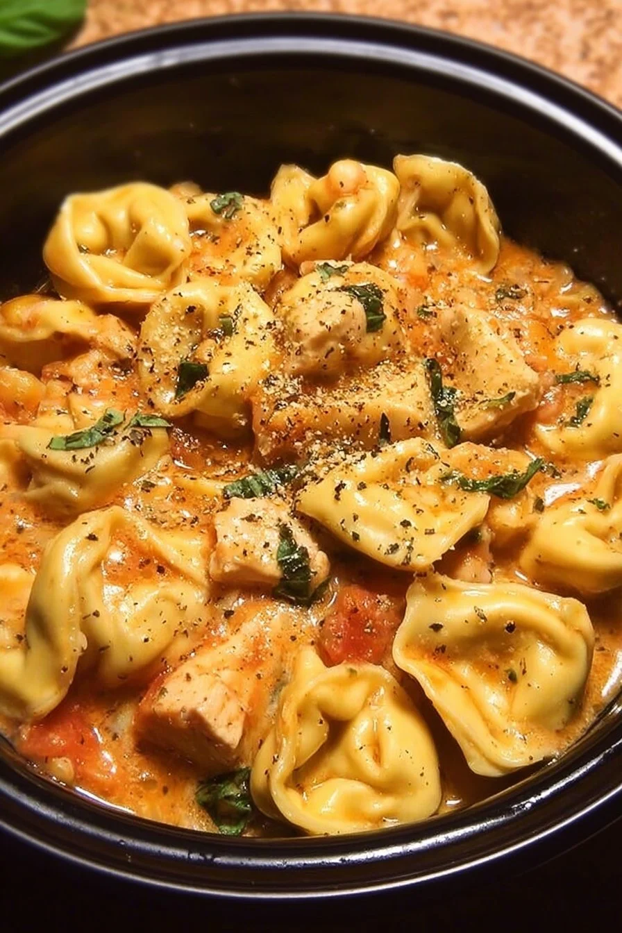 Delicious CrockPot chicken tortellini served in a bowl