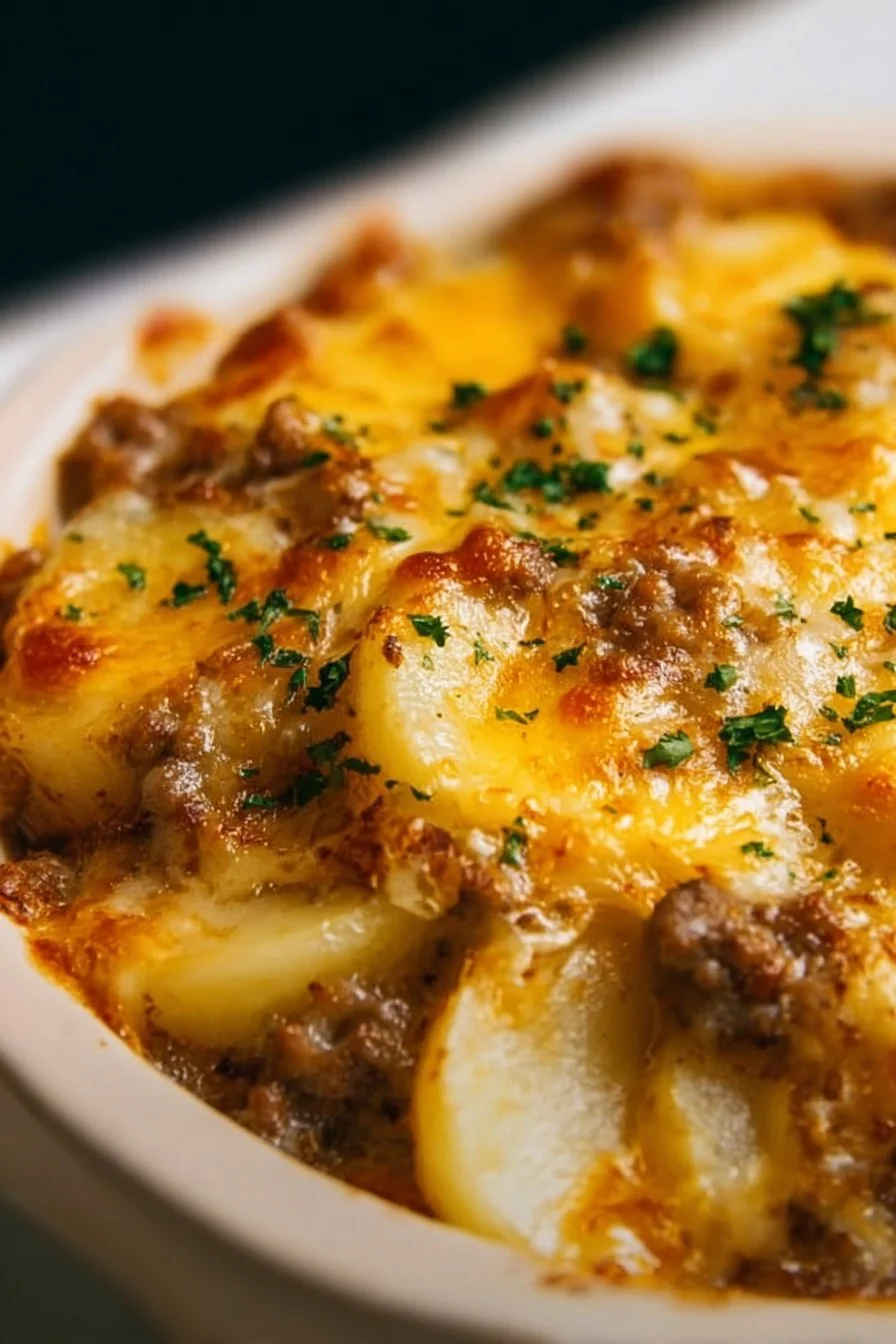 Delicious Crockpot Hamburger Potato Casserole in a serving dish