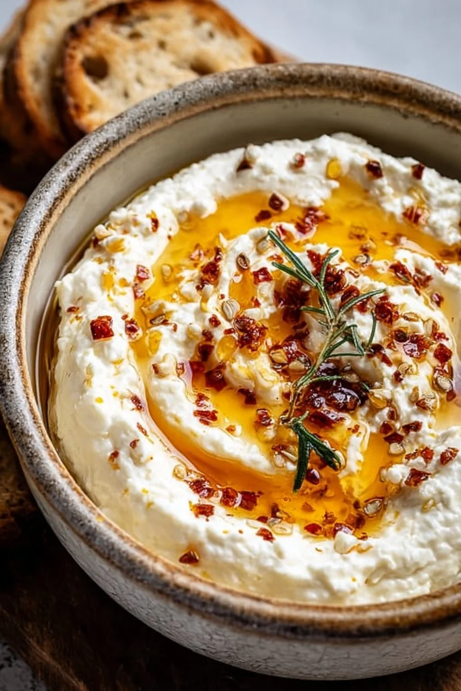 Delicious ricotta dip drizzled with hot honey served in a bowl