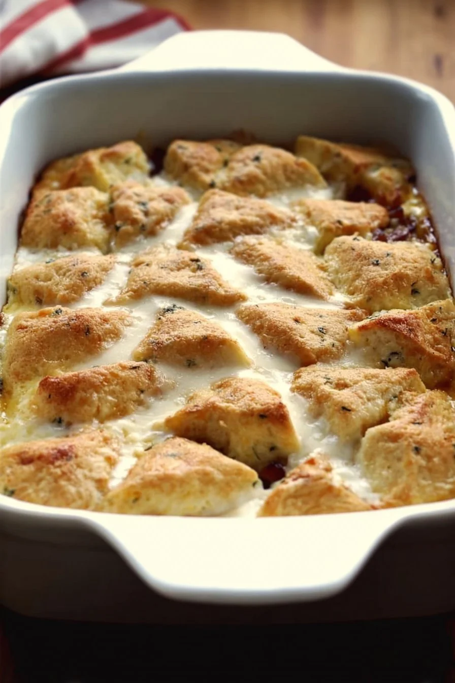 Delicious easy breakfast casserole ready to serve on a brunch table.