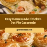 Delicious homemade chicken pot pie casserole ready to serve.