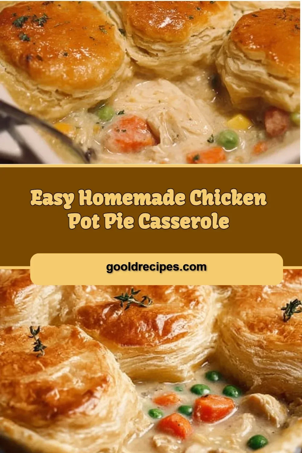 Delicious homemade chicken pot pie casserole ready to serve.
