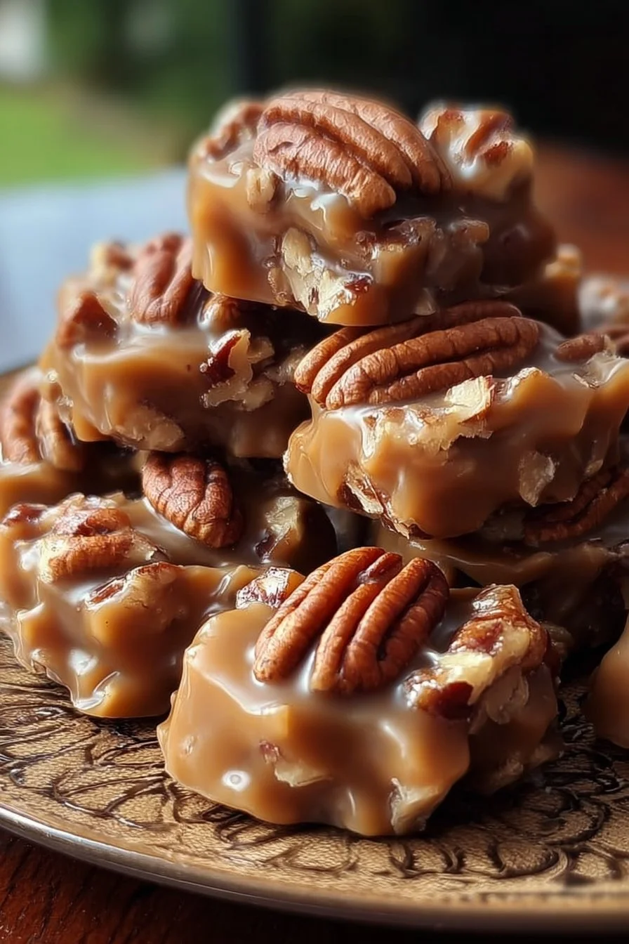 Delicious homemade Louisiana pecan pralines on a decorative platter