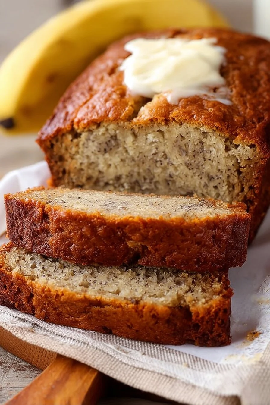 Slice of easy moist banana bread on a white plate.