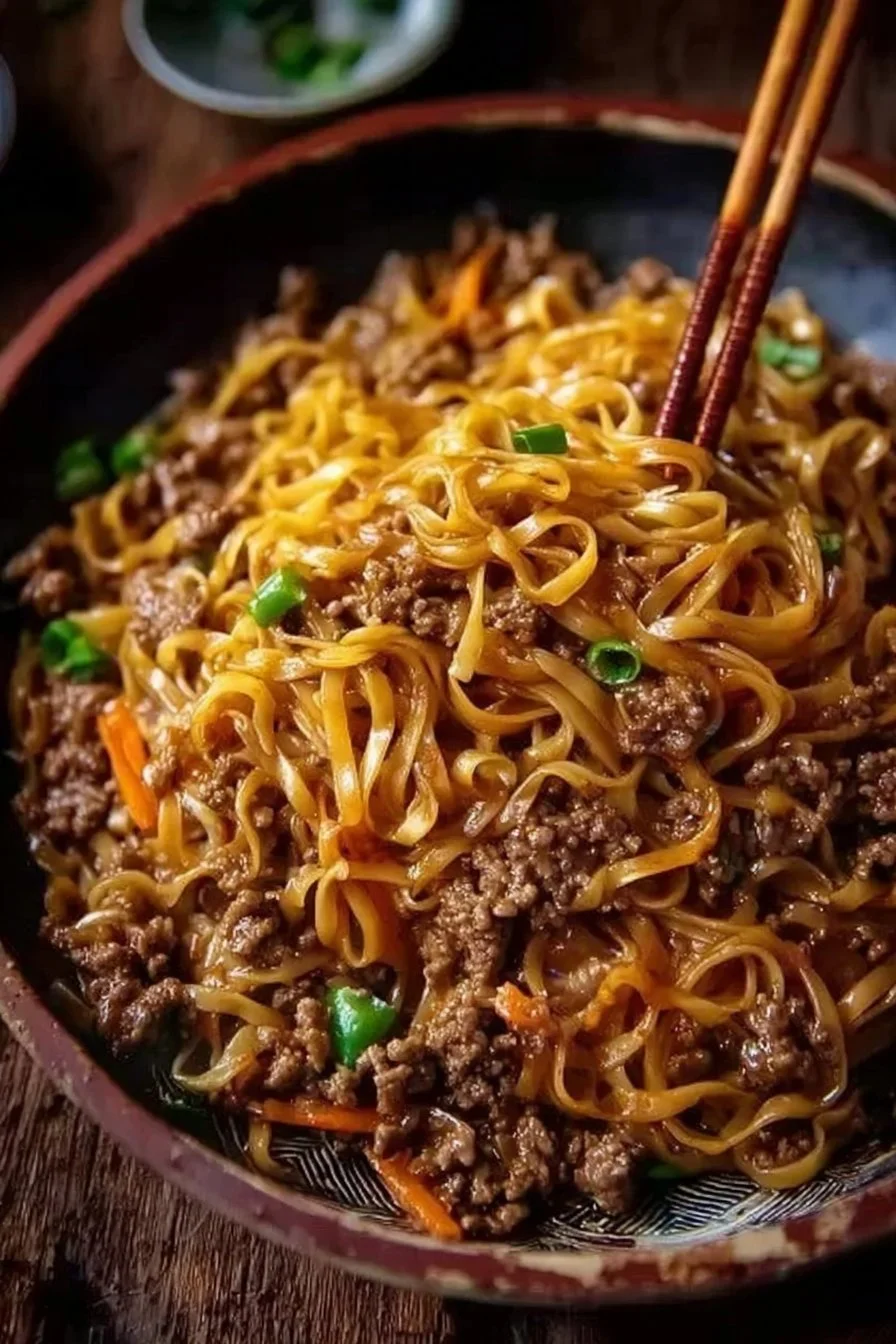 Delicious plate of Mongolian Ground Beef Noodles garnished with green onions