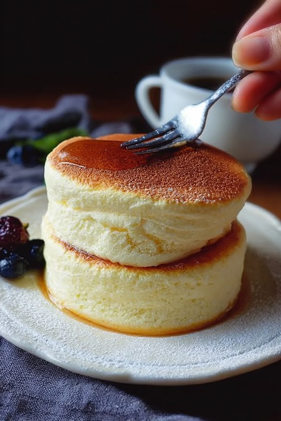 Fluffy Japanese soufflé pancakes stacked with syrup and fresh fruit