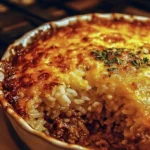 Delicious French onion casserole with ground beef and rice topped with cheese