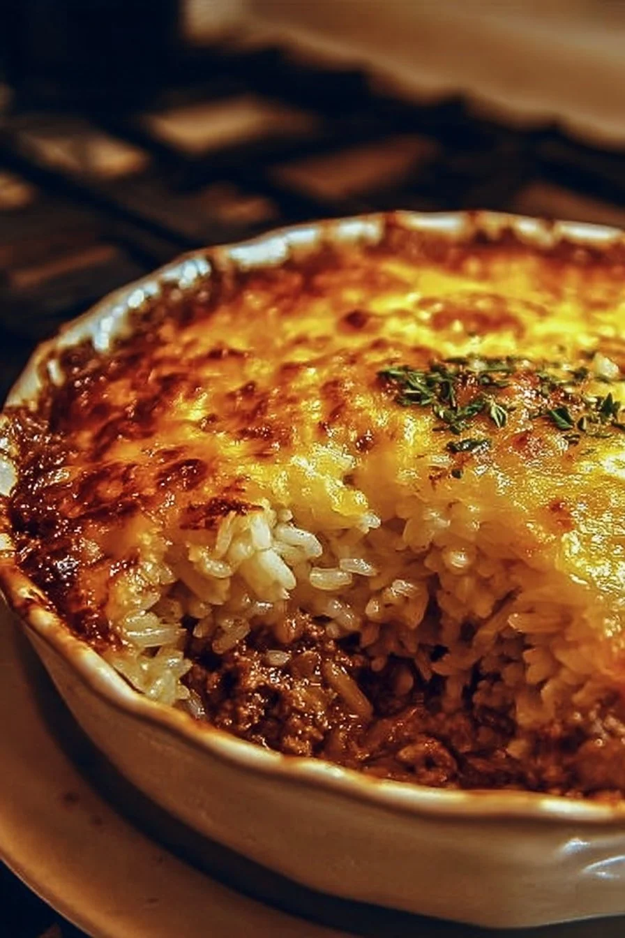 Delicious French onion casserole with ground beef and rice topped with cheese