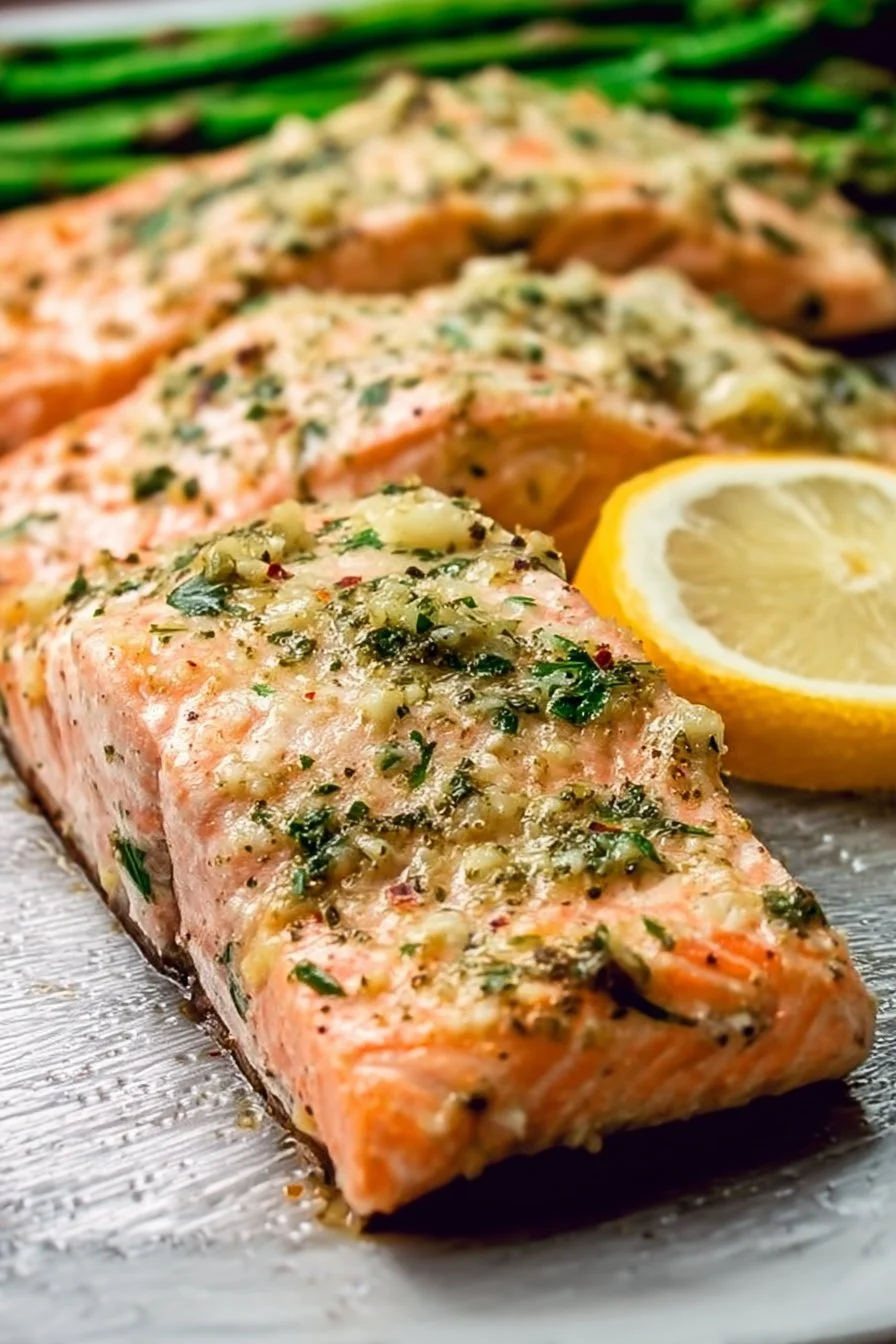 Delicious garlic butter baked salmon dish served with herbs and lemon