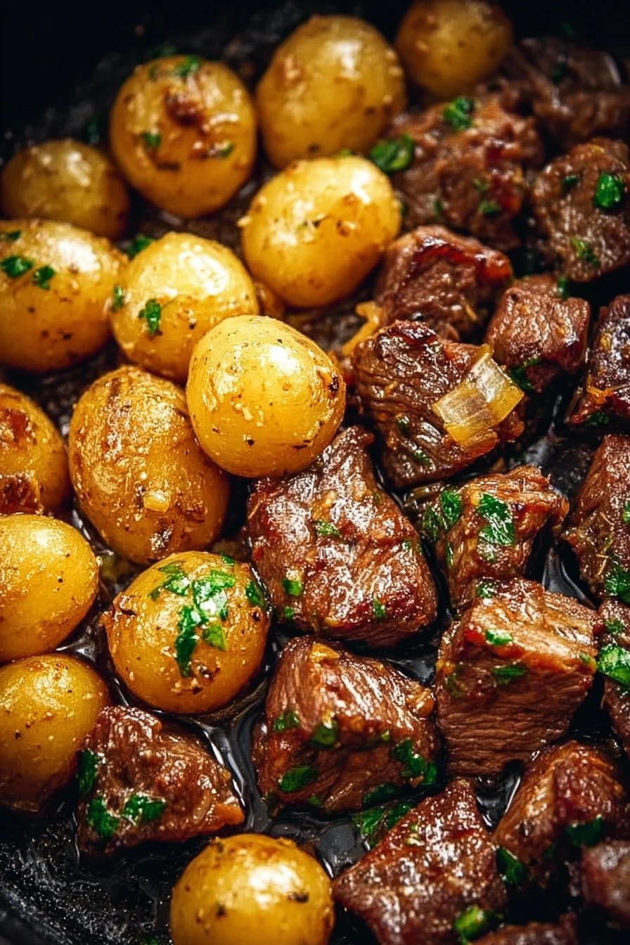 Garlic butter beef bites served with potatoes in a savory dish