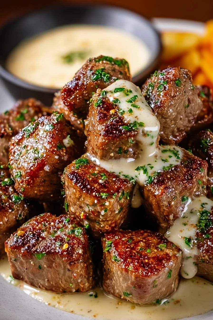 Delicious garlic butter steak bites with rich parmesan cream sauce on a plate.