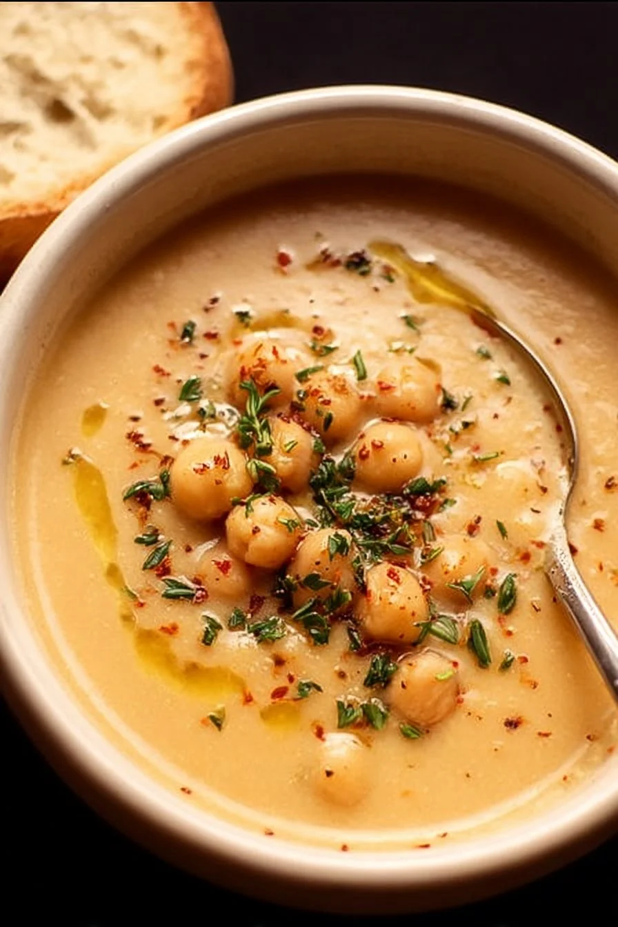 Bowl of Garlic Chickpea Soup garnished with herbs
