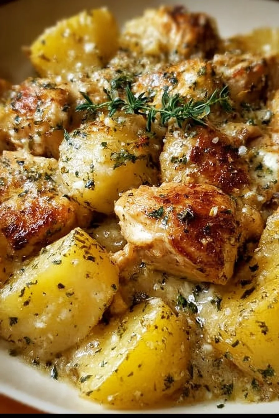 Crockpot Garlic Parmesan Chicken with potatoes served in a bowl
