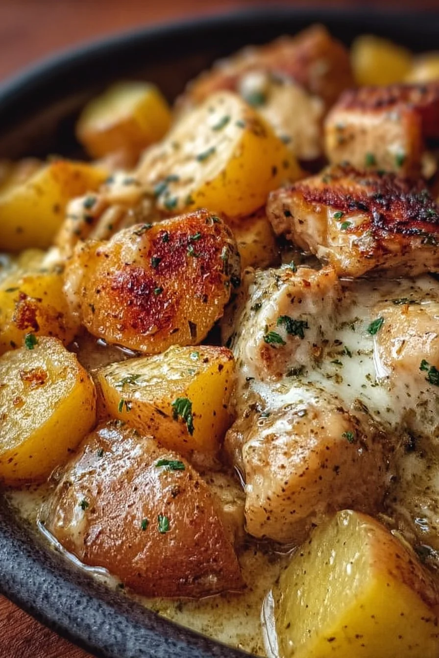 Garlic parmesan chicken and potatoes served in a crockpot, garnished with herbs.