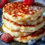 Gluten free cottage cheese pancakes stacked on a plate with syrup