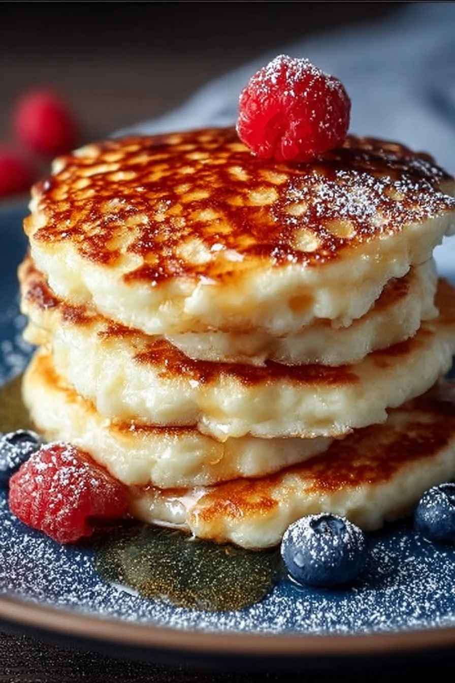 Gluten free cottage cheese pancakes stacked on a plate with syrup