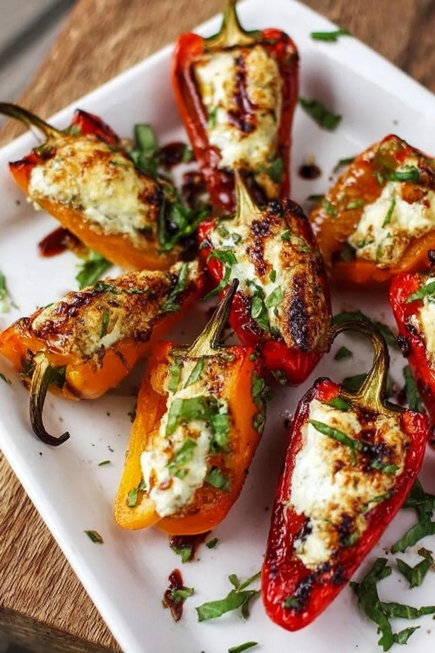 Delicious goat cheese stuffed mini peppers on a serving platter