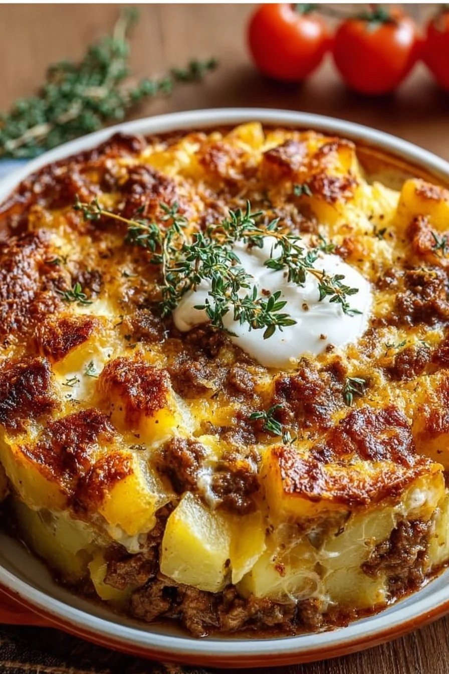 Delicious ground beef and potatoes casserole in a baking dish