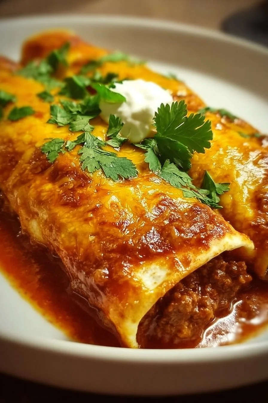 Delicious ground beef enchiladas topped with cheese and salsa.
