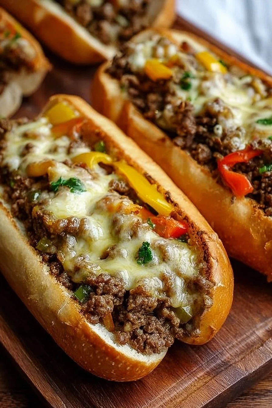 Delicious Ground Beef Philly Cheesesteaks with cheese and onions on a hoagie roll