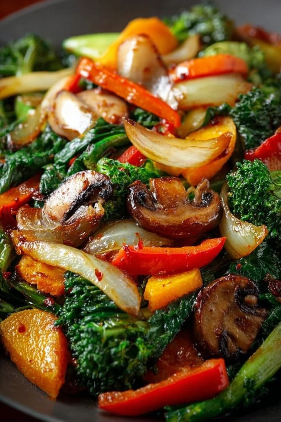 Bowl of colorful sautéed vegetables including bell peppers, carrots, and zucchini