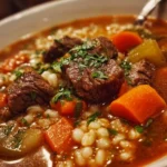 Delicious hearty beef and barley soup in a bowl, garnished and ready to serve.