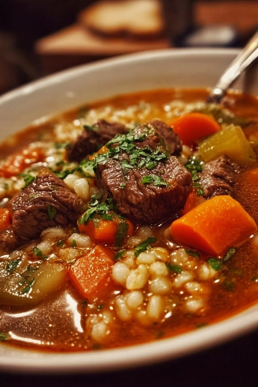 Delicious hearty beef and barley soup in a bowl, garnished and ready to serve.
