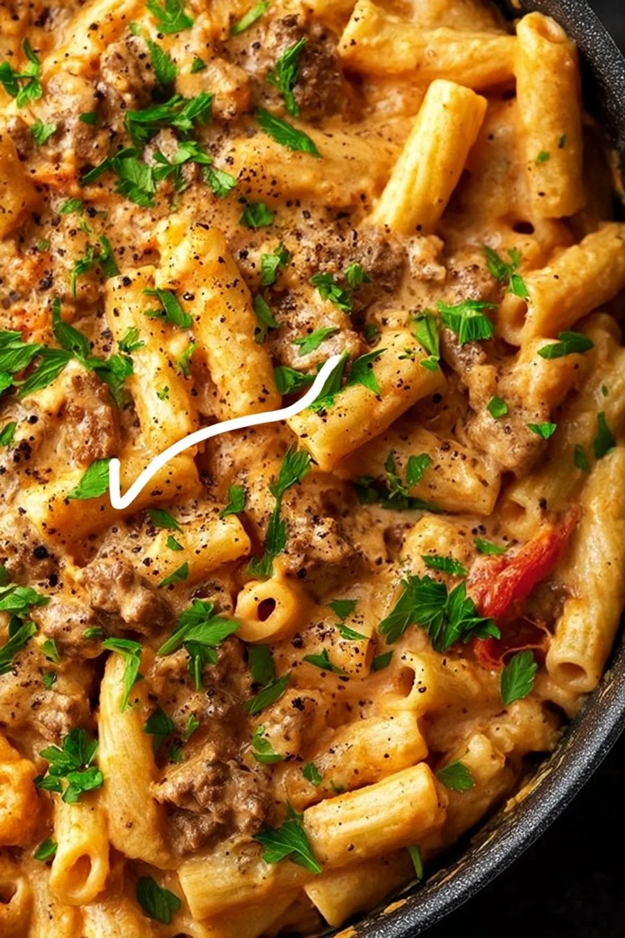 High protein creamy beef pasta dish for weeknight dinner