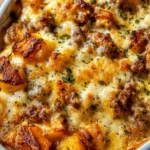 Delicious Hobo Casserole with ground beef, potatoes, and vegetables in a baking dish.