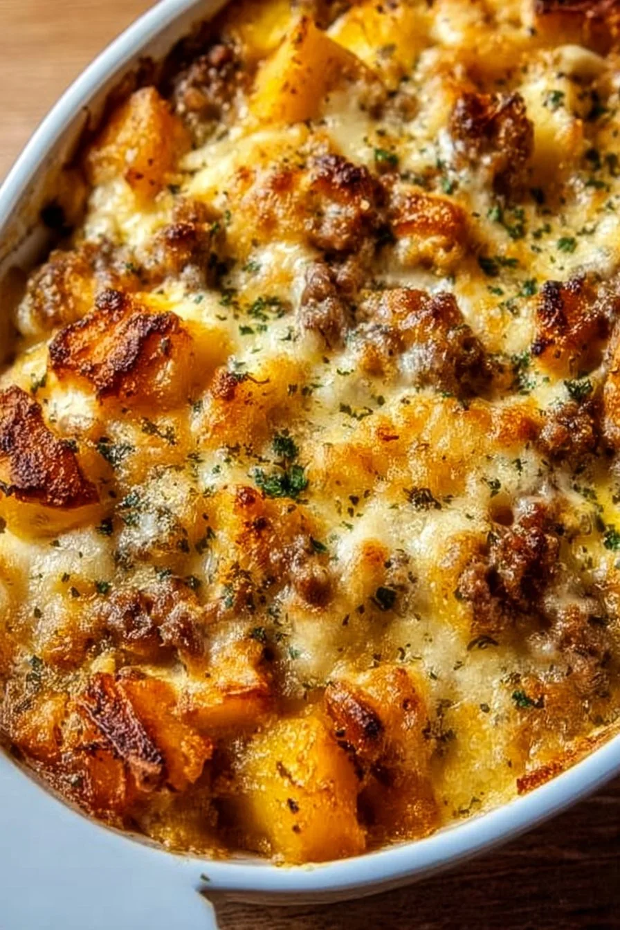 Delicious Hobo Casserole with ground beef, potatoes, and vegetables in a baking dish.