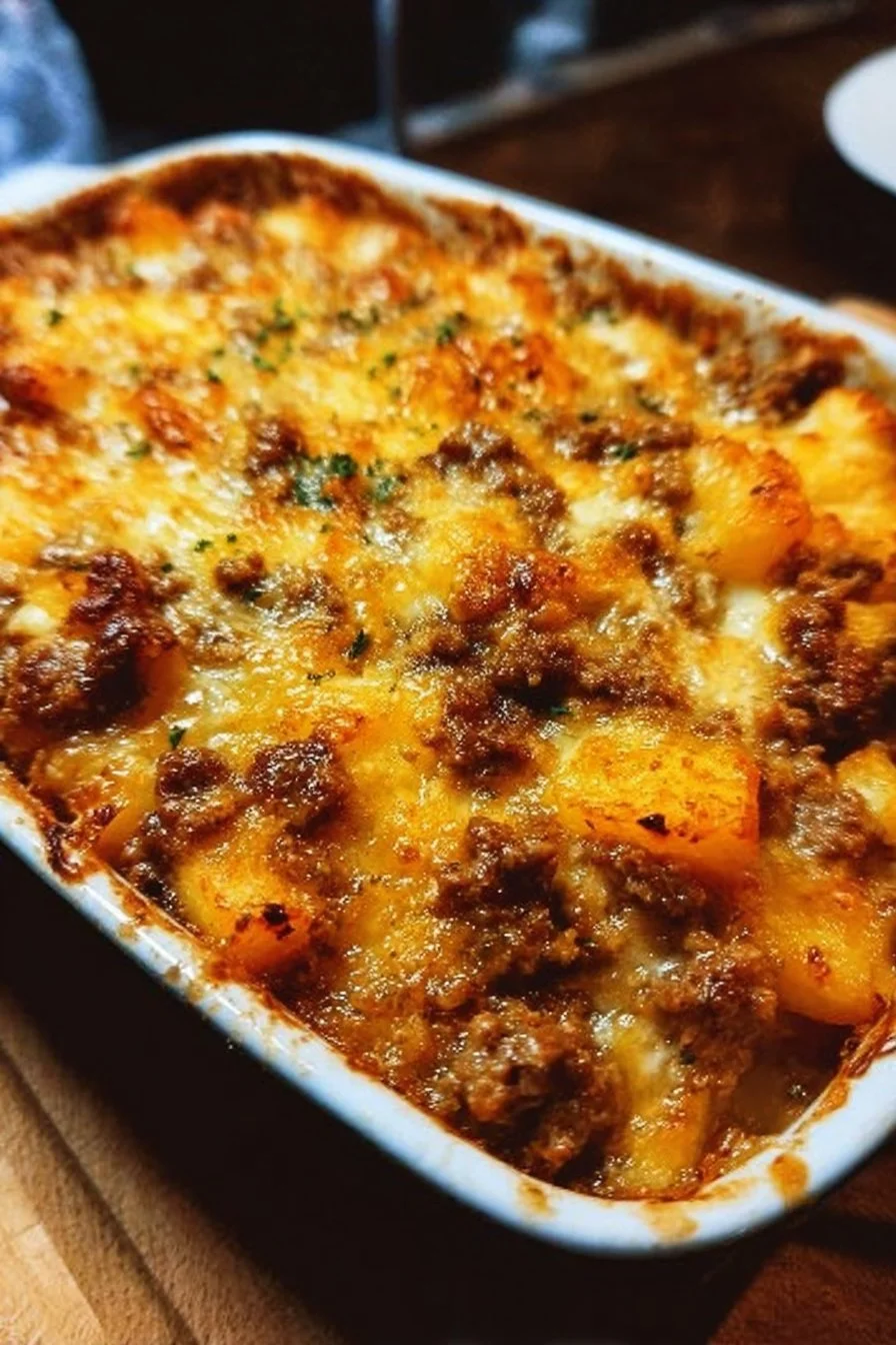 Delicious Hobo Casserole served in a rustic dish with colorful vegetables and meat.