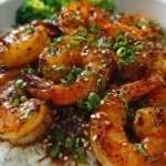 Delicious honey garlic shrimp bowl with colorful vegetables and rice