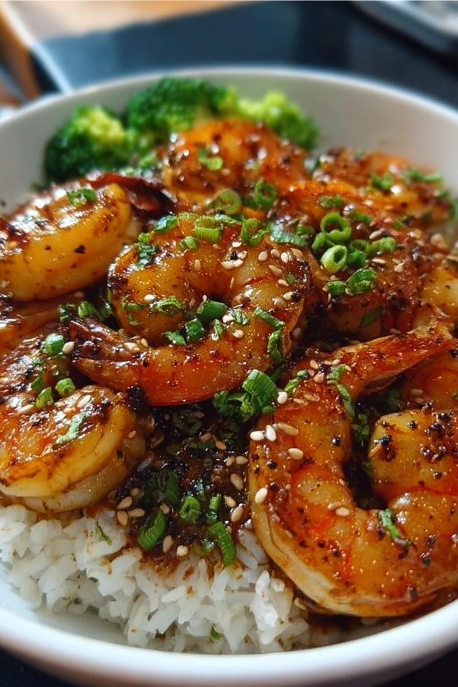 Delicious honey garlic shrimp bowl with colorful vegetables and rice