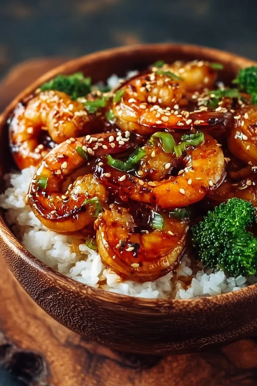 Honey Garlic Shrimp Bowls garnished with veggies and served in a bowl