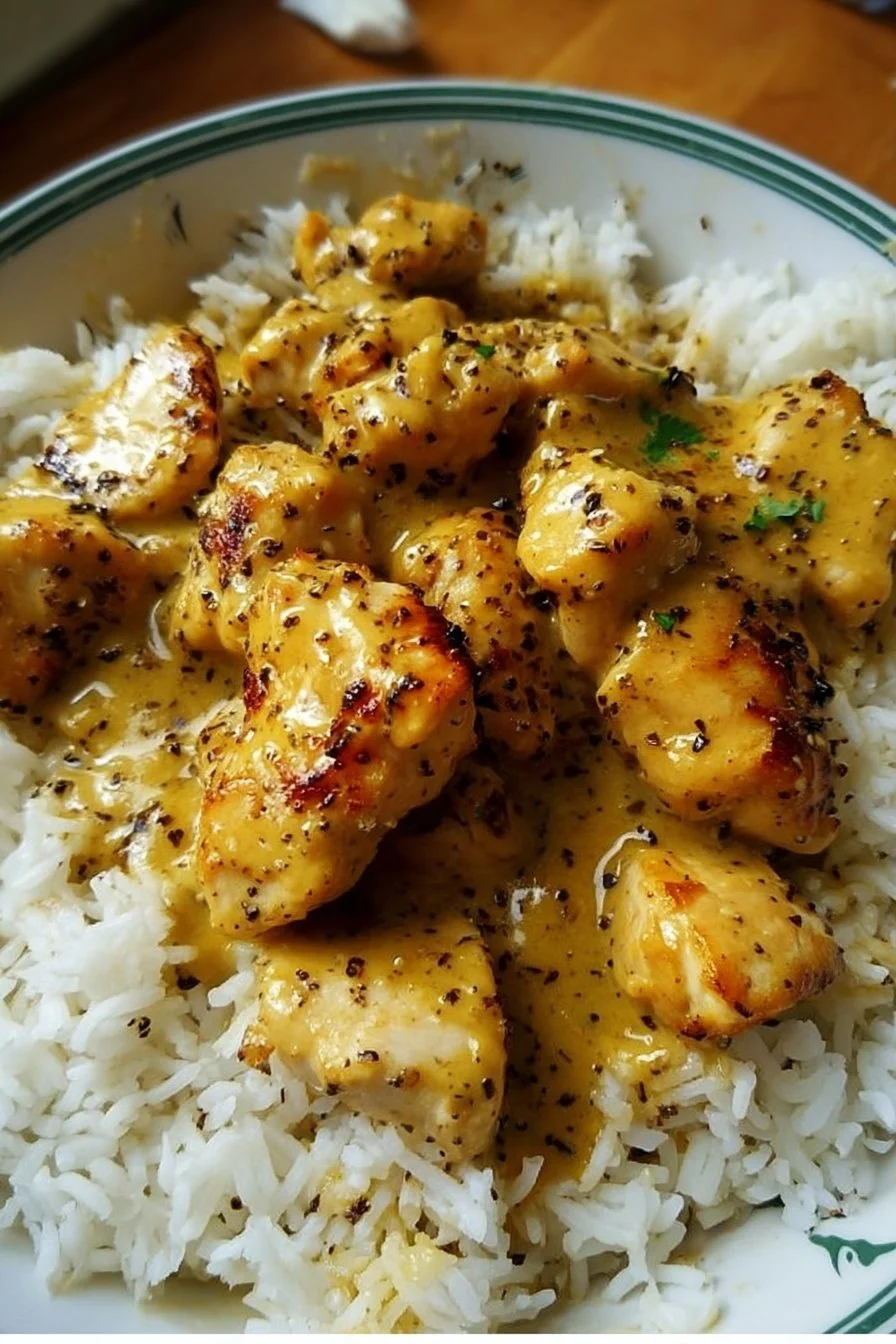 Plate of Honey Mustard Chicken served with rice and garnished with herbs.