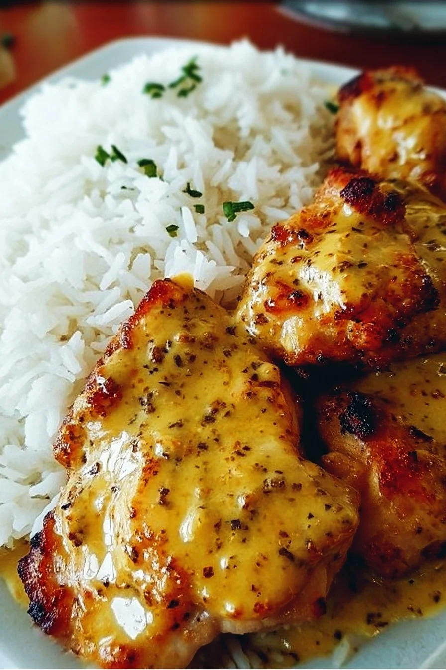 Honey Mustard Chicken served with rice on a plate, garnished with herbs.