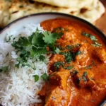 Delicious Indian Butter Chicken served with naan and rice