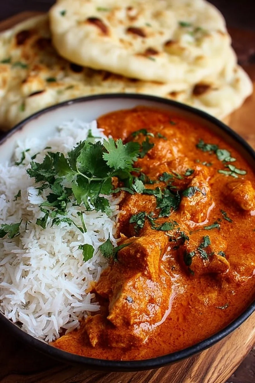 Delicious Indian Butter Chicken served with naan and rice