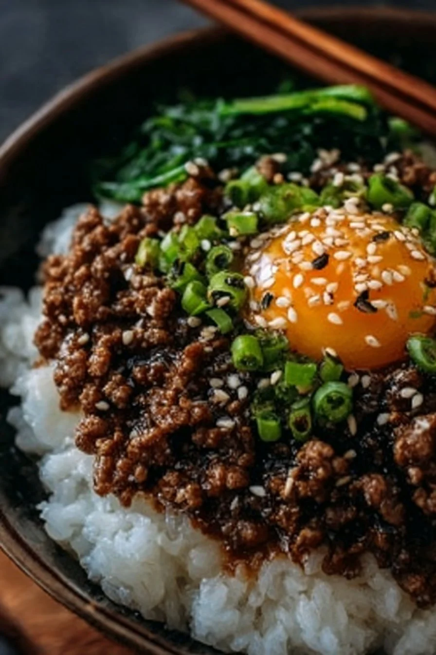 Delicious Korean Ground Beef Bowl garnished with fresh vegetables and sesame seeds