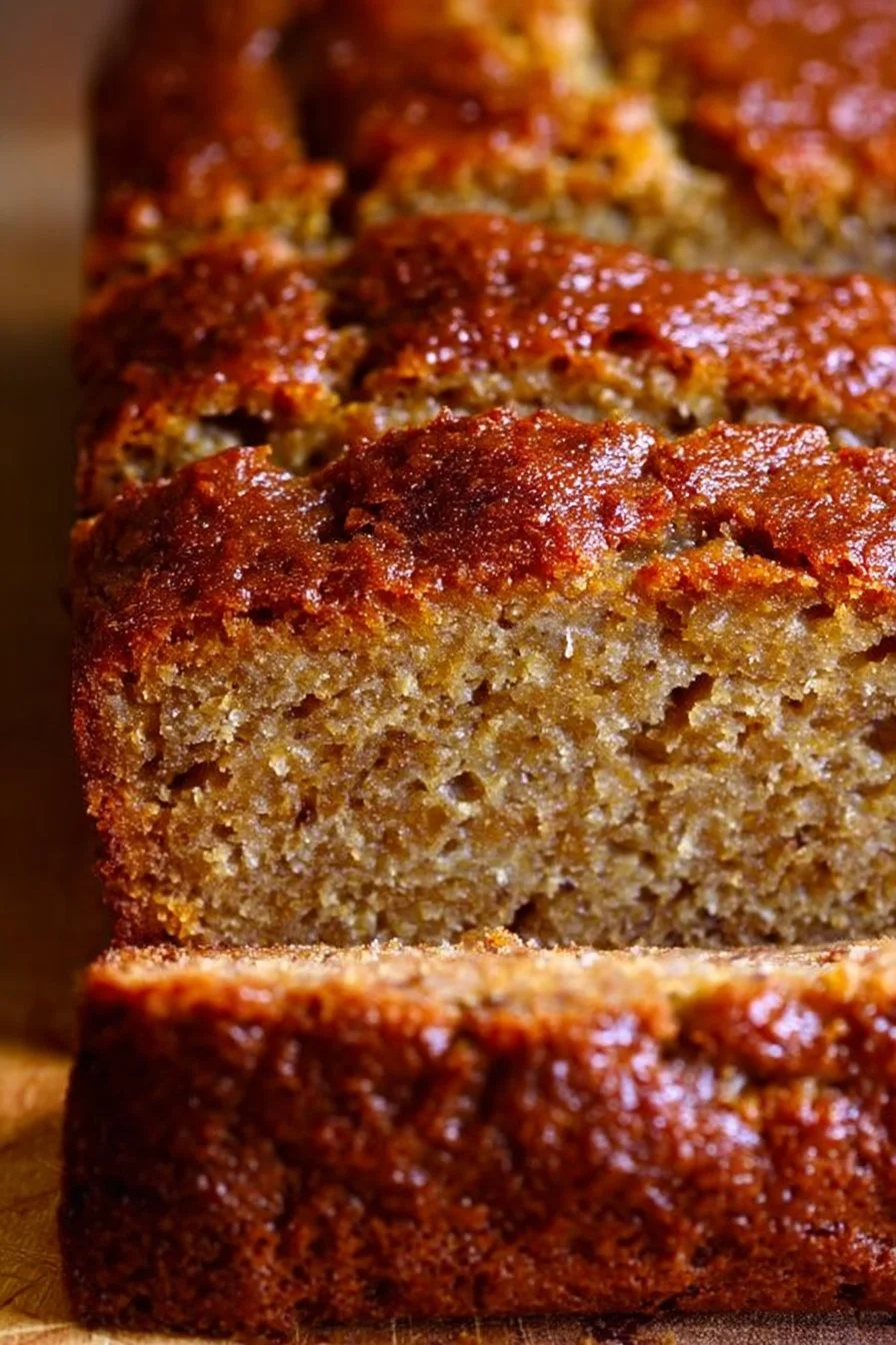 Loaf of moist banana bread fresh out of the oven, sliced and ready to serve.
