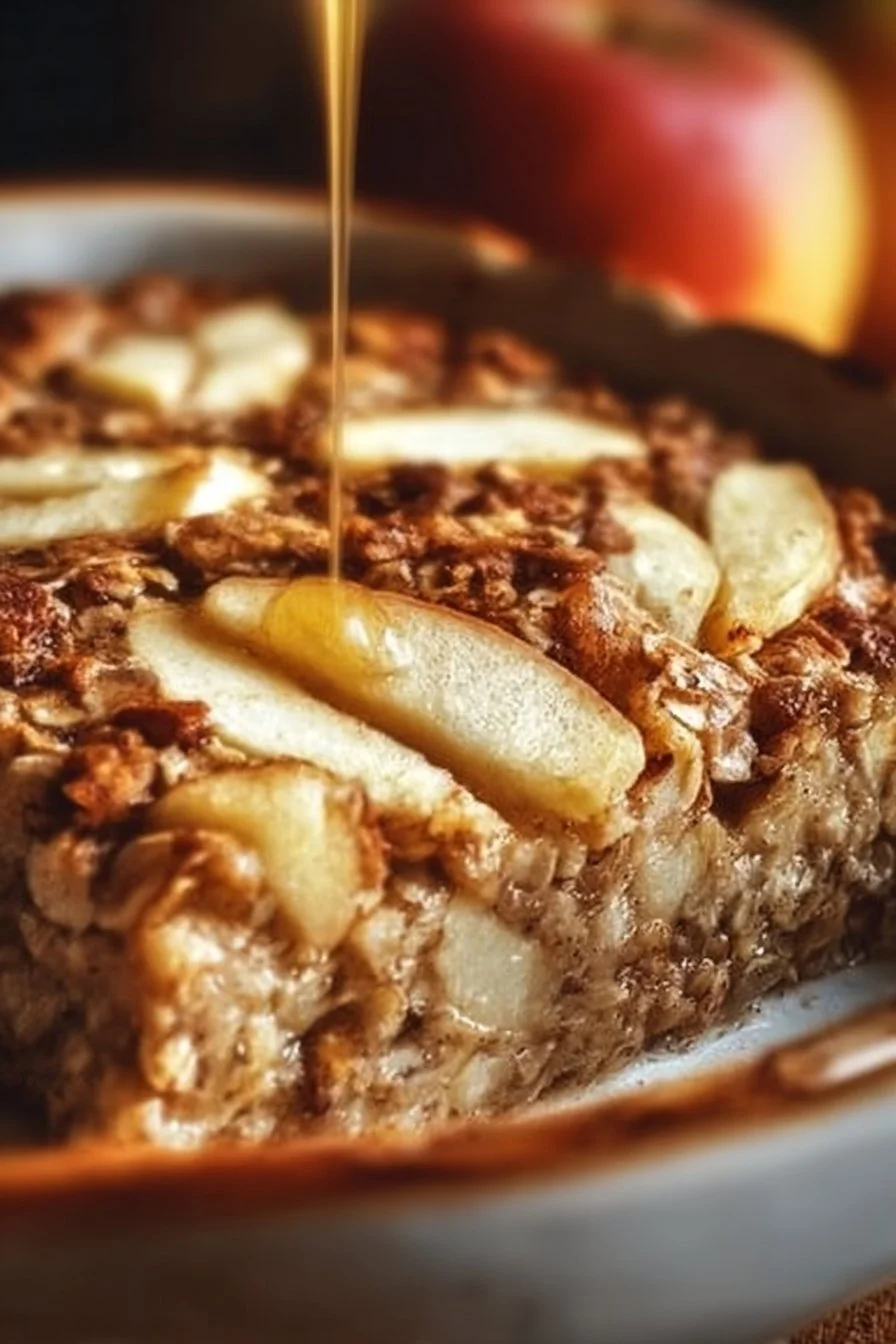 Baked oatmeal apple dish served in a bowl, topped with fresh apples and cinnamon.