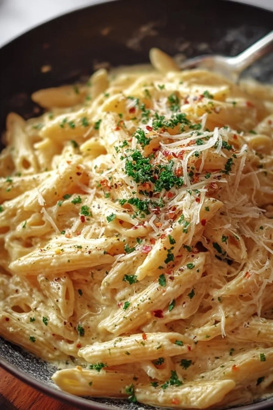 One Pot Creamy Garlic Pasta served in a bowl with parsley garnish