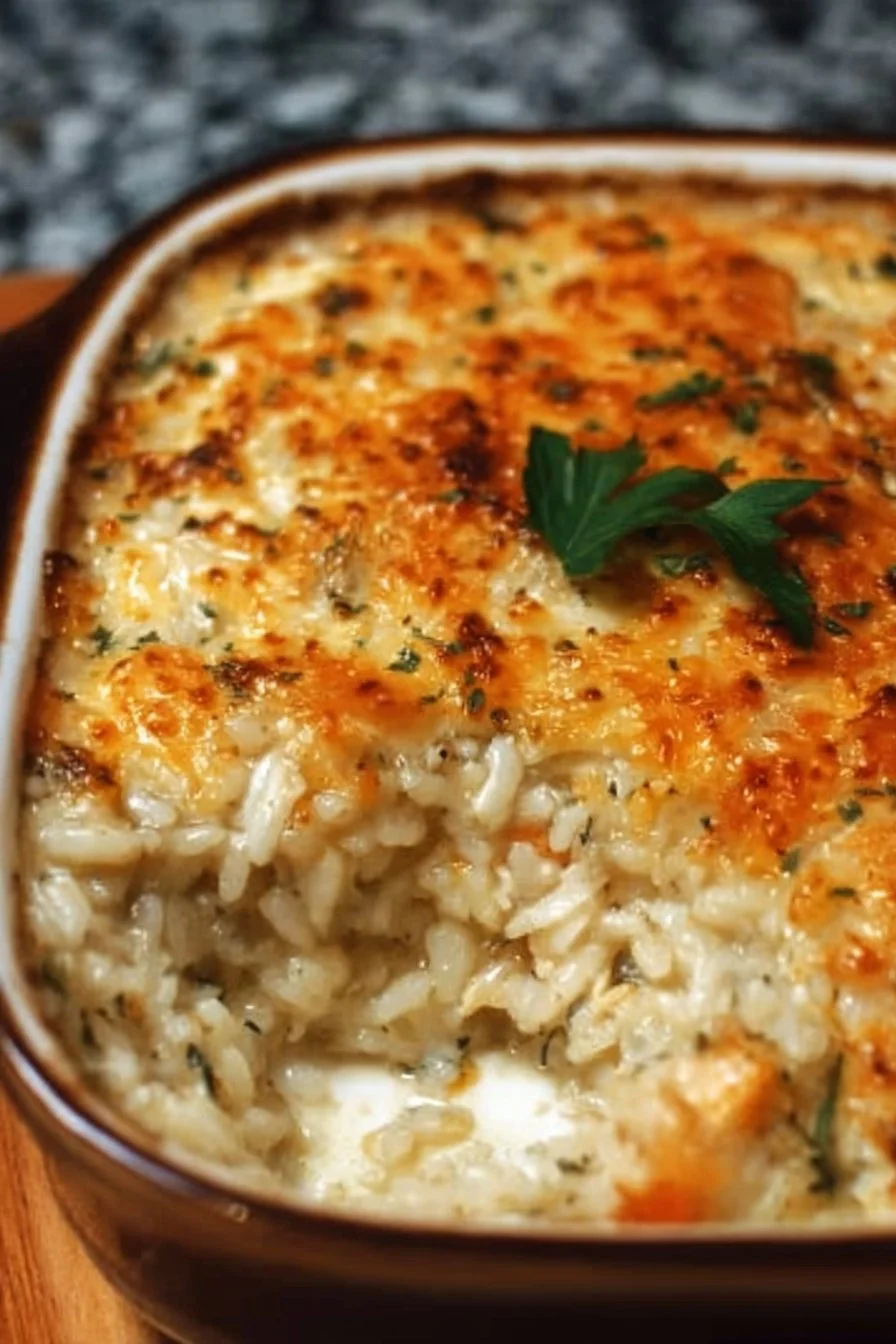 Pioneer Woman Chicken Rice Casserole topped with herbs in a baking dish.