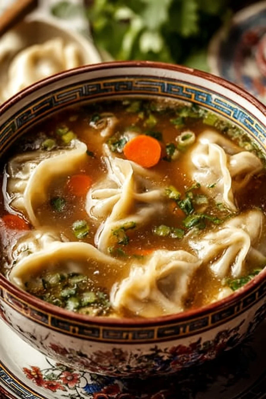 Bowl of homemade potsticker soup with dumplings and green onions