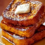 Delicious pumpkin French toast served with maple syrup and whipped cream