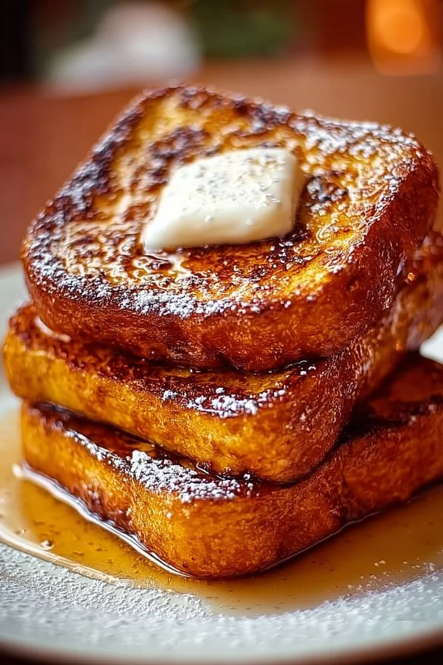 Delicious pumpkin French toast served with maple syrup and whipped cream
