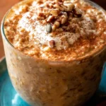 Delicious bowl of Pumpkin Overnight Oats topped with spices and seeds